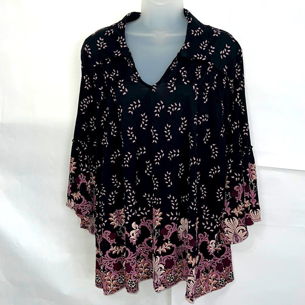 Style & Co Womens Black Purple Pink Floral Top Size L Loose Fit  3/4 Sleeve